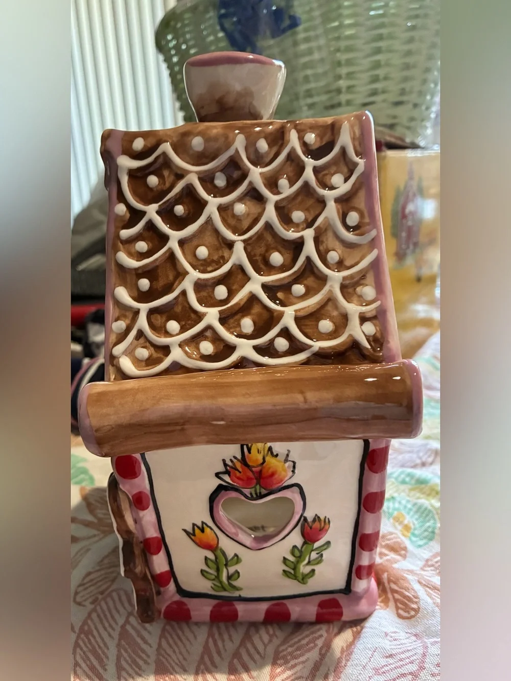 Blue Sky “The Gingerbread Cottage”. In new condition. Pink, brown, red & green.